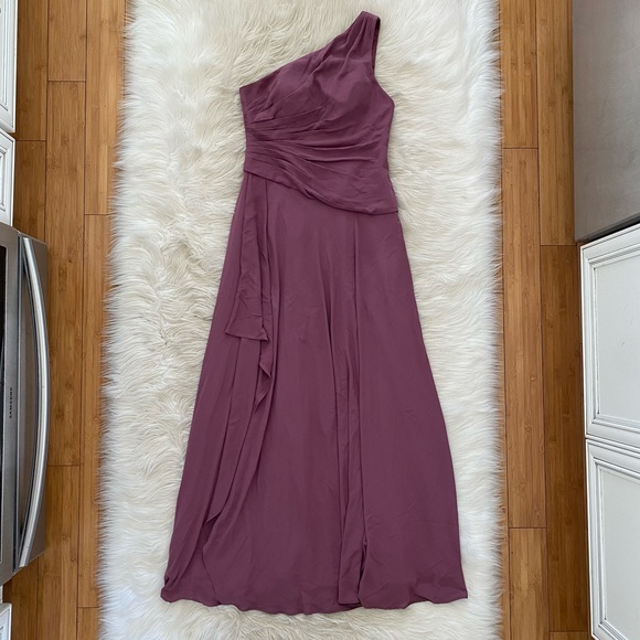 David’s Bridal Chianti Purple One Shoulder Georgette Cascade Bridesmaid Dress - Picture 2 of 14